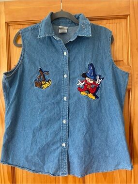 Disney Store Sorcerer Mickey Denim Sleeveless Button Up Shirt XL Embroidered